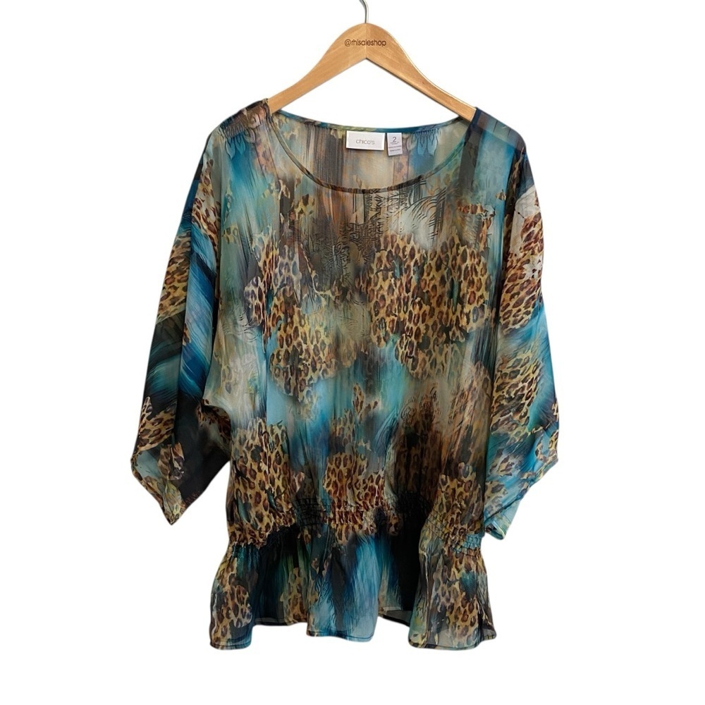 Chico's Teal Colorful Animal Print Sheer Chiffon Cinch Waist Top Size 2 Medium